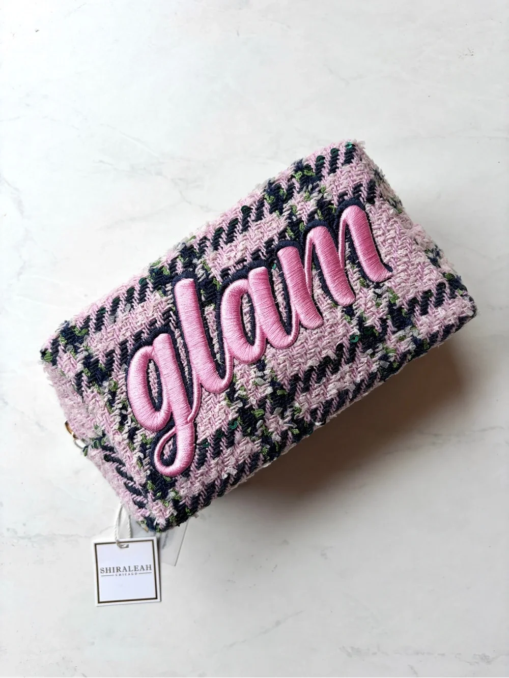 RARE! NWT Shiraleah x Anthropologie Cosmetic Bag Plaid Tweed Glam Pink